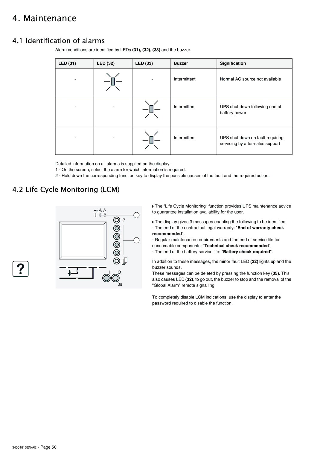 APC 5000 user manual Maintenance, Identification of alarms, Life Cycle Monitoring LCM, LED Buzzer Signification 