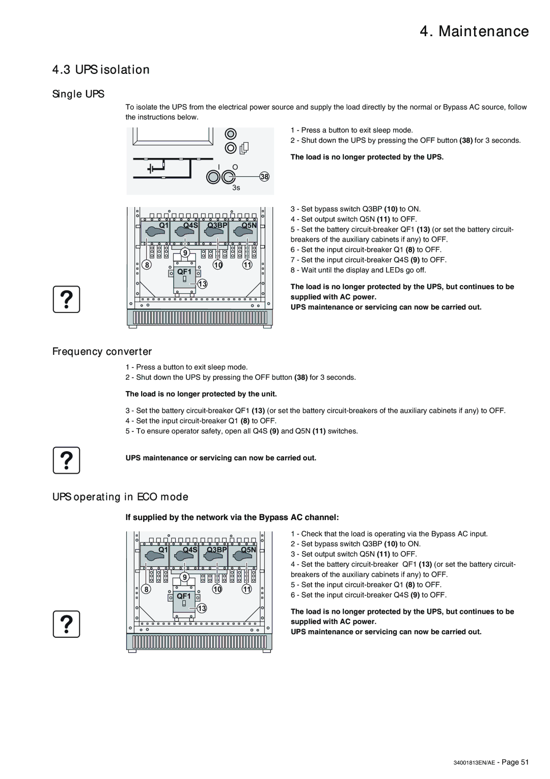 APC 5000 user manual UPS isolation, Frequency converter, UPS operating in ECO mode 