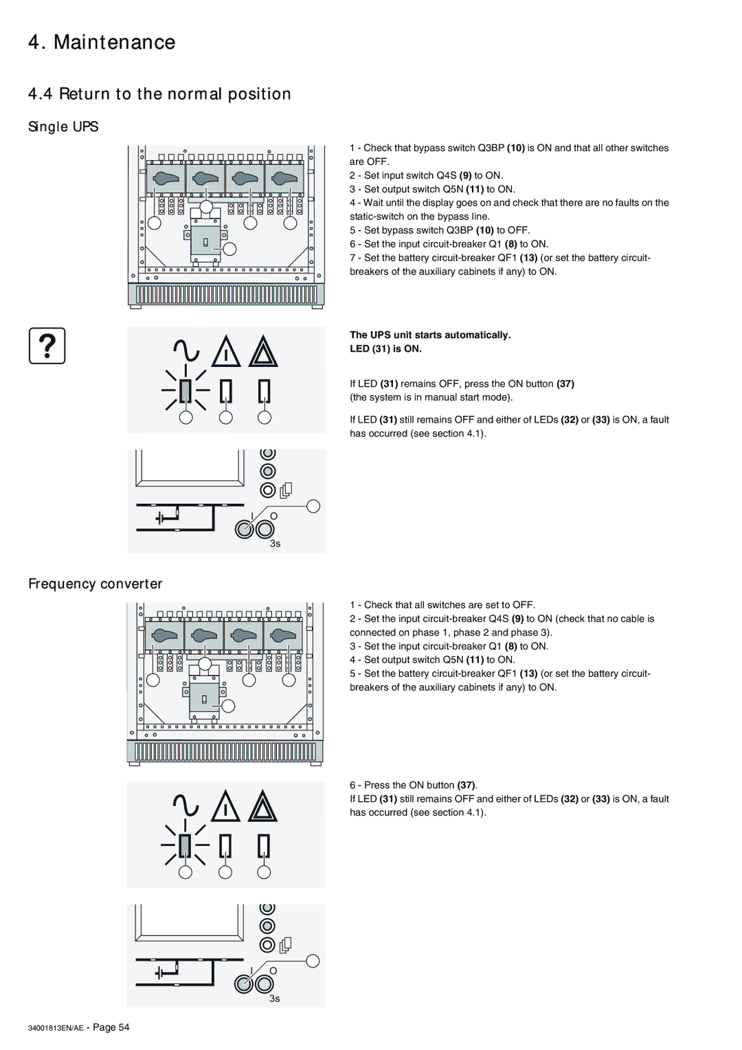 APC 5000 user manual Return to the normal position, UPS unit starts automatically LED 31 is on 