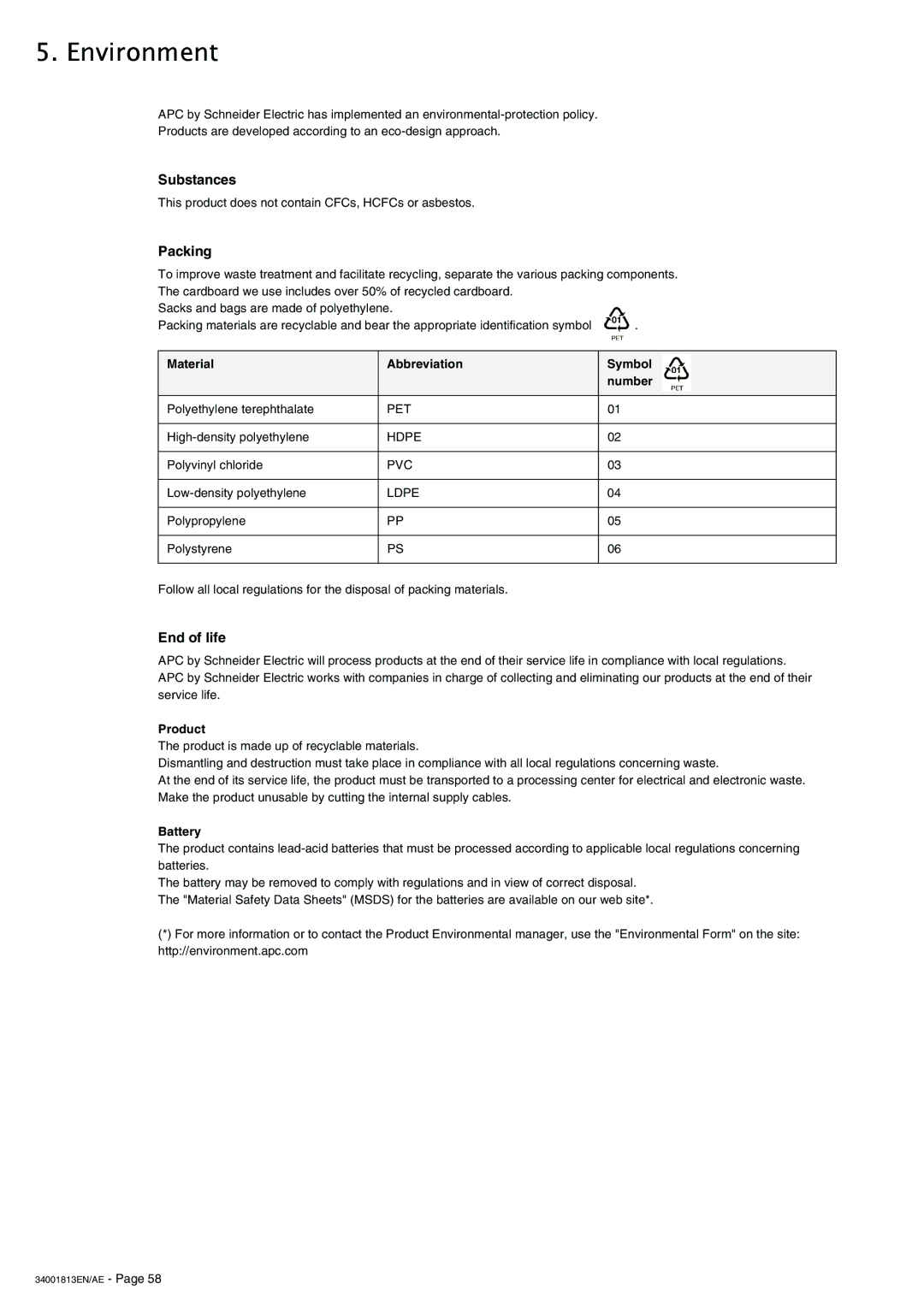 APC 5000 user manual Environment, Substances, Packing, End of life 