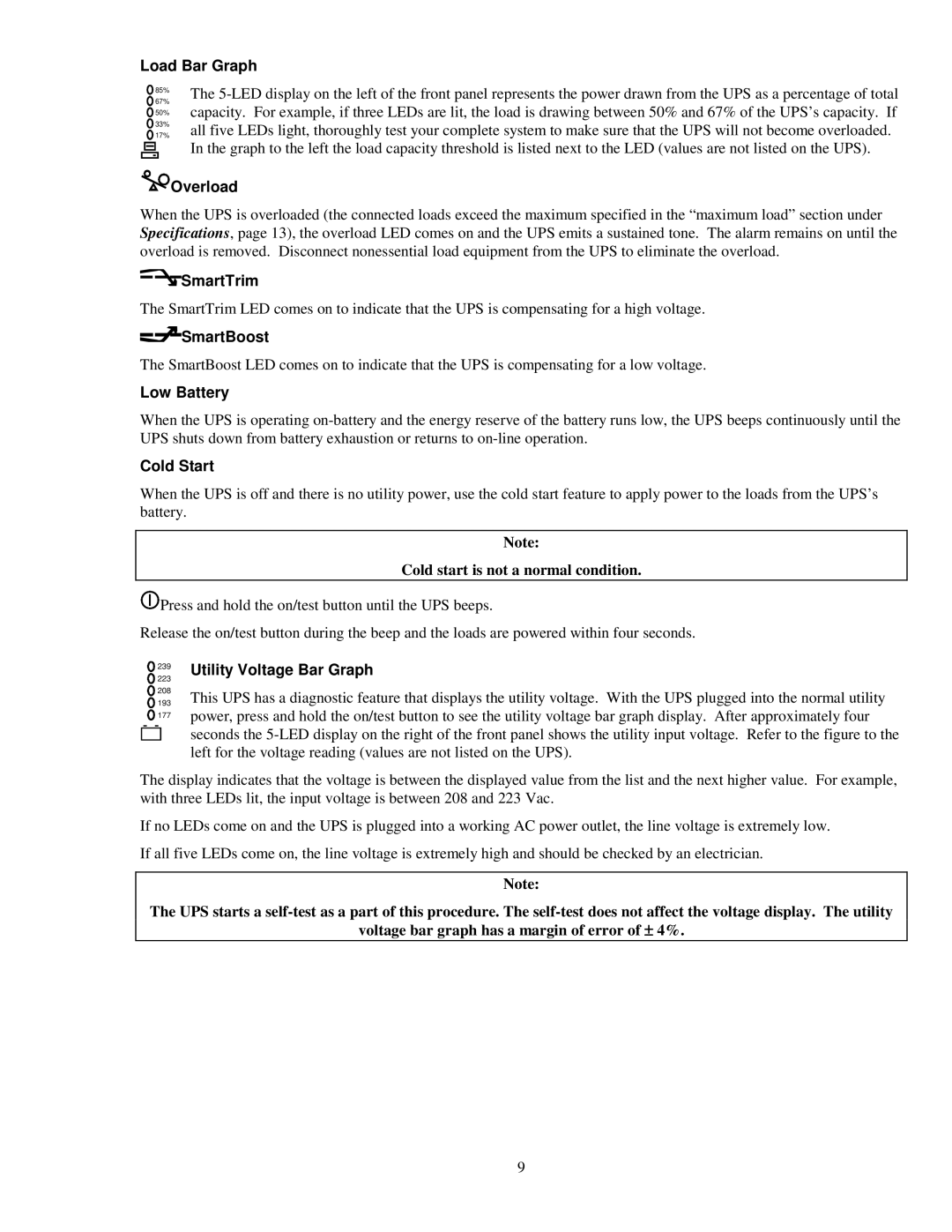 APC 5000RMB user manual Load Bar Graph, Overload, SmartTrim, SmartBoost, Low Battery, Cold Start, Utility Voltage Bar Graph 