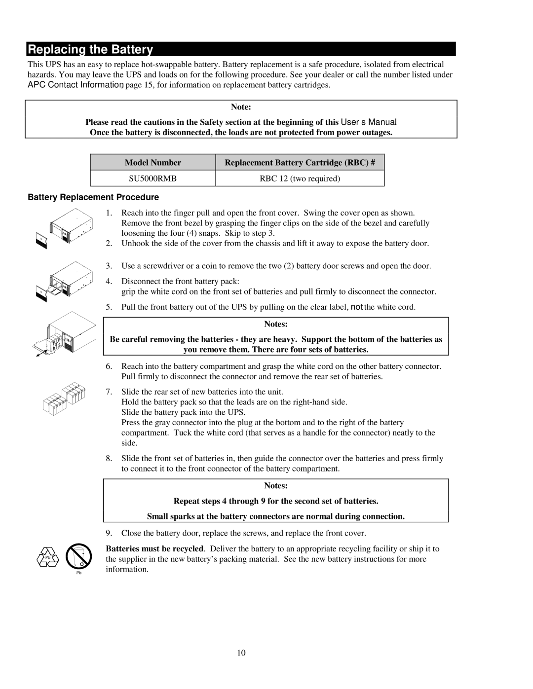 APC 5000RMB user manual Replacing the Battery, Battery Replacement Procedure 