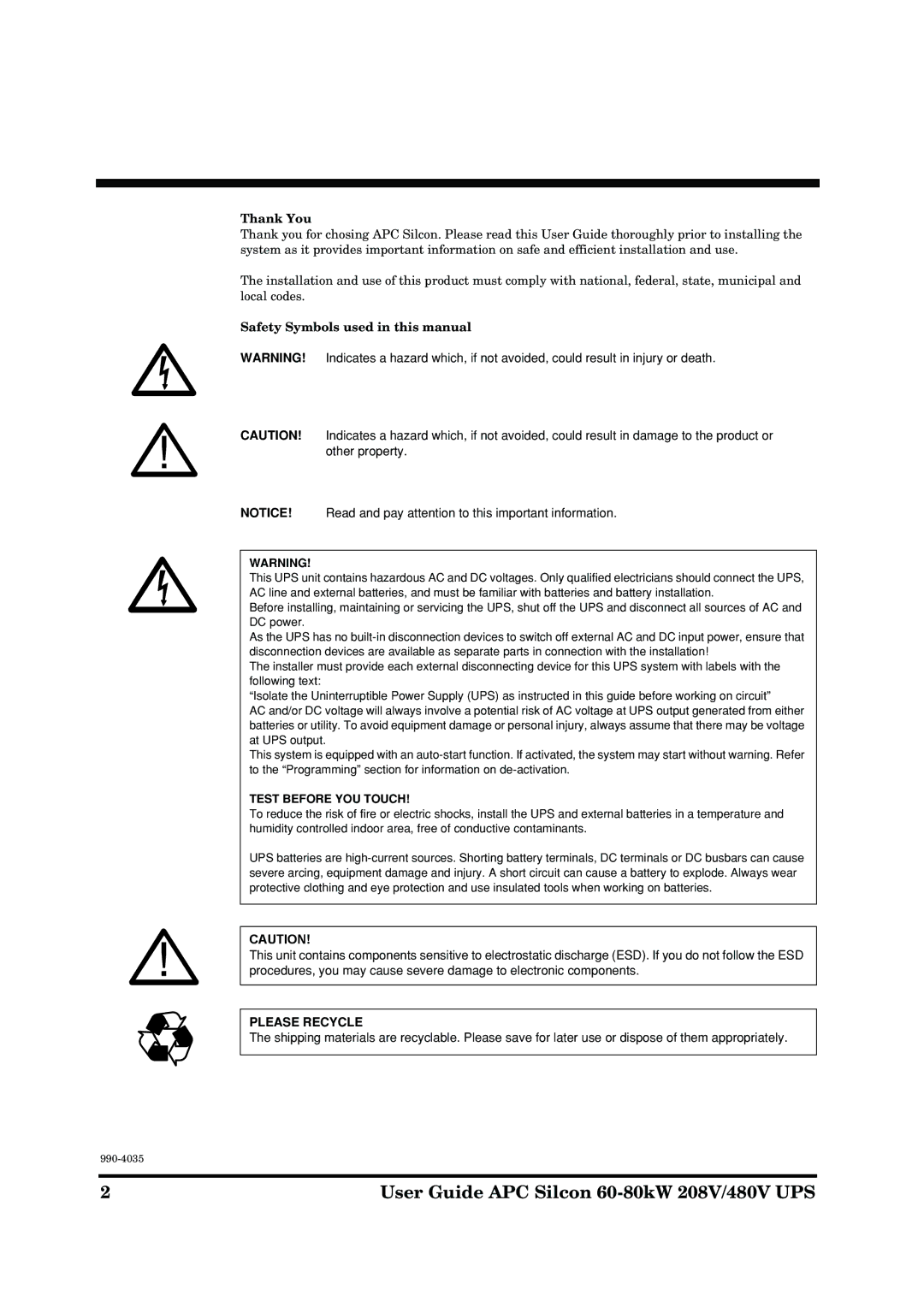 APC 60-80KW 208/480V UPS User Guide APC Silcon 60-80kW 208V/480V UPS, Thank You, Safety Symbols used in this manual 