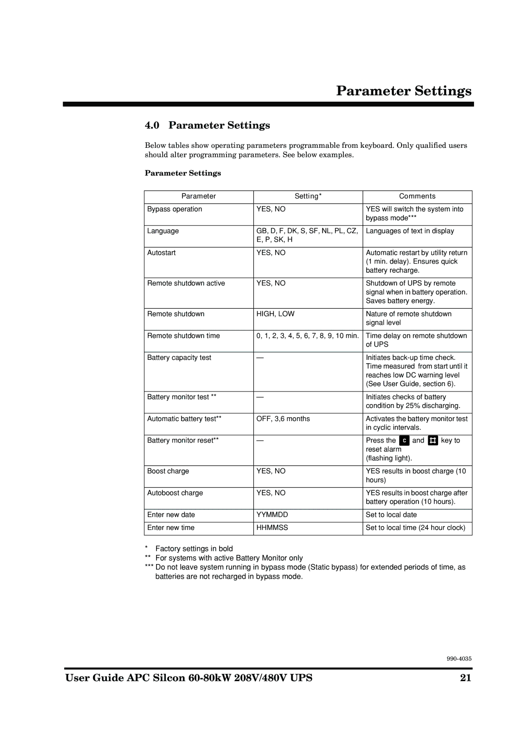 APC 60-80KW 208/480V UPS manual Parameter Settings 