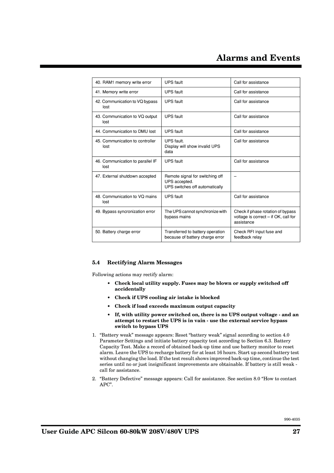 APC 60-80KW 208/480V UPS manual Rectifying Alarm Messages 