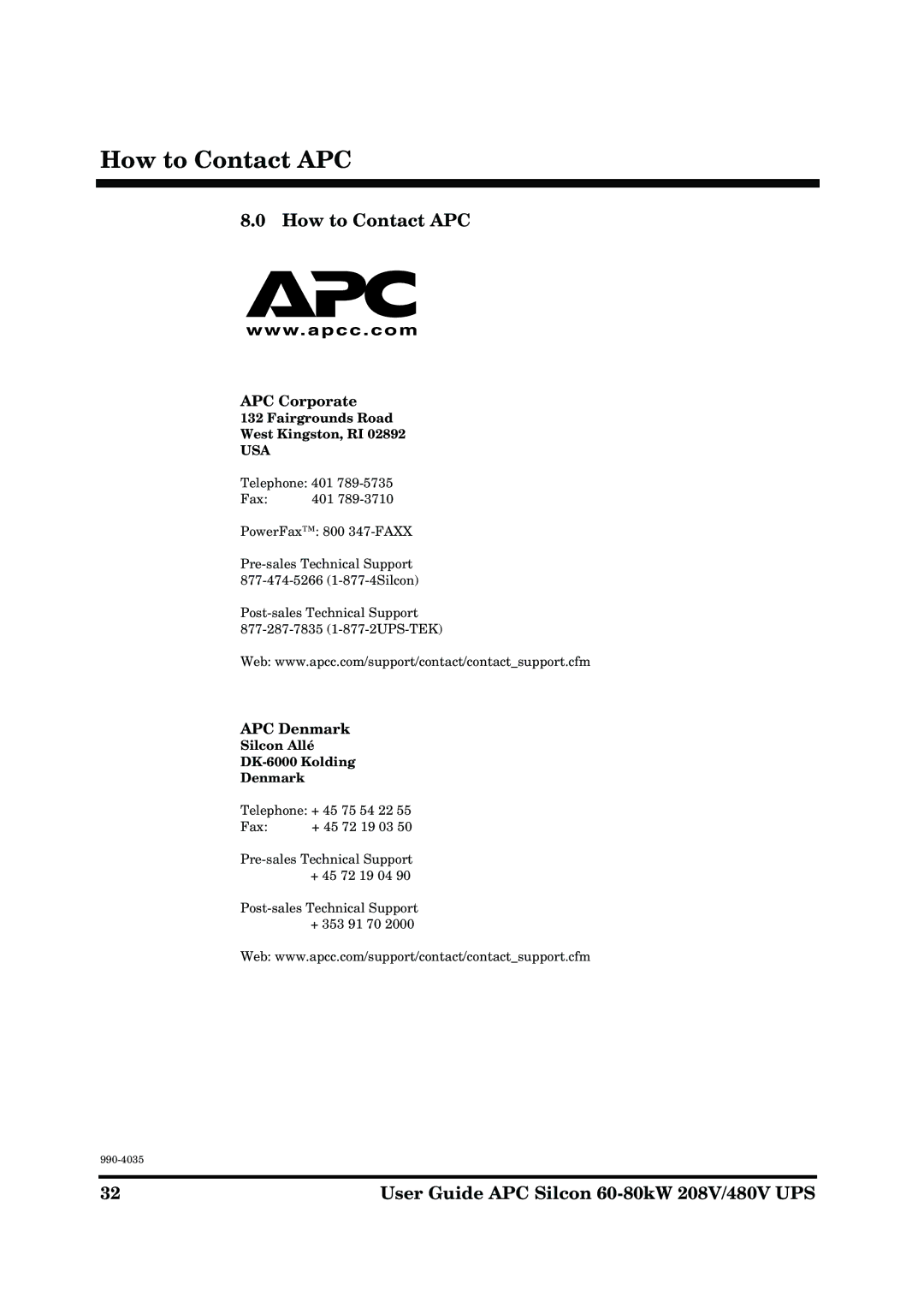 APC 60-80KW 208/480V UPS manual How to Contact APC, APC Corporate, APC Denmark 