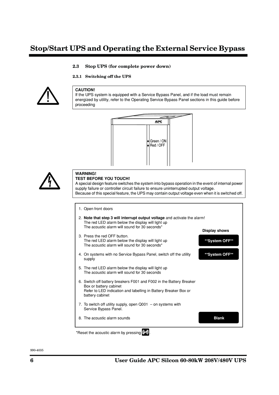 APC 60-80KW 208/480V UPS manual Stop UPS for complete power down, Switching off the UPS 