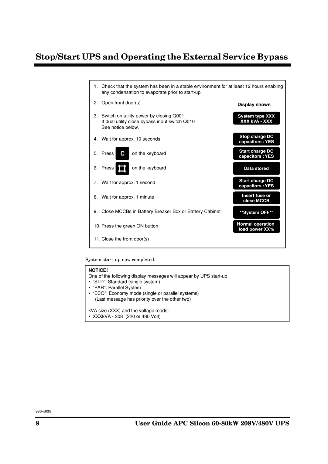 APC 60-80KW 208/480V UPS manual System start-up now completed 