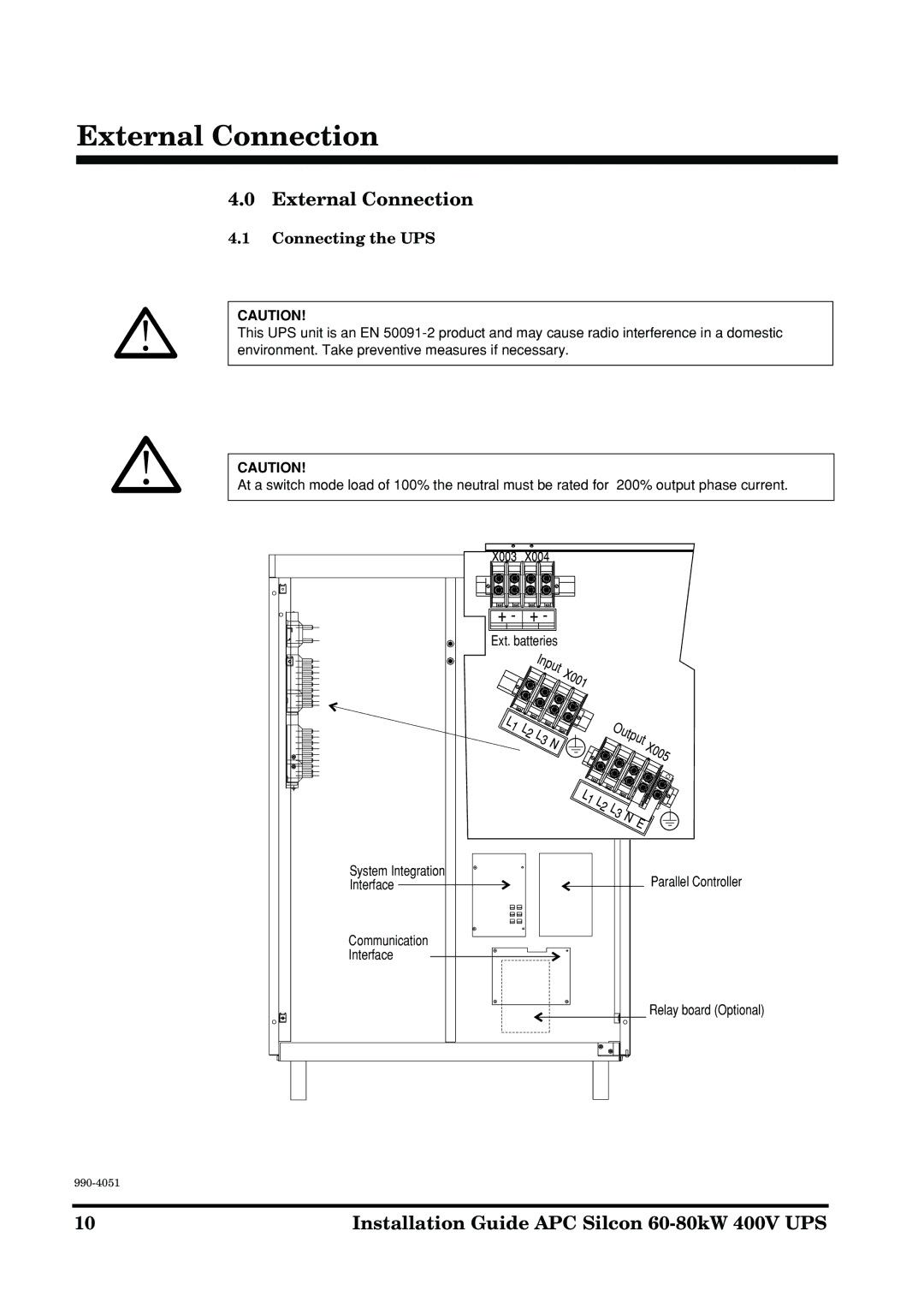 APC 60-80kW manual External Connection, Connecting the UPS 