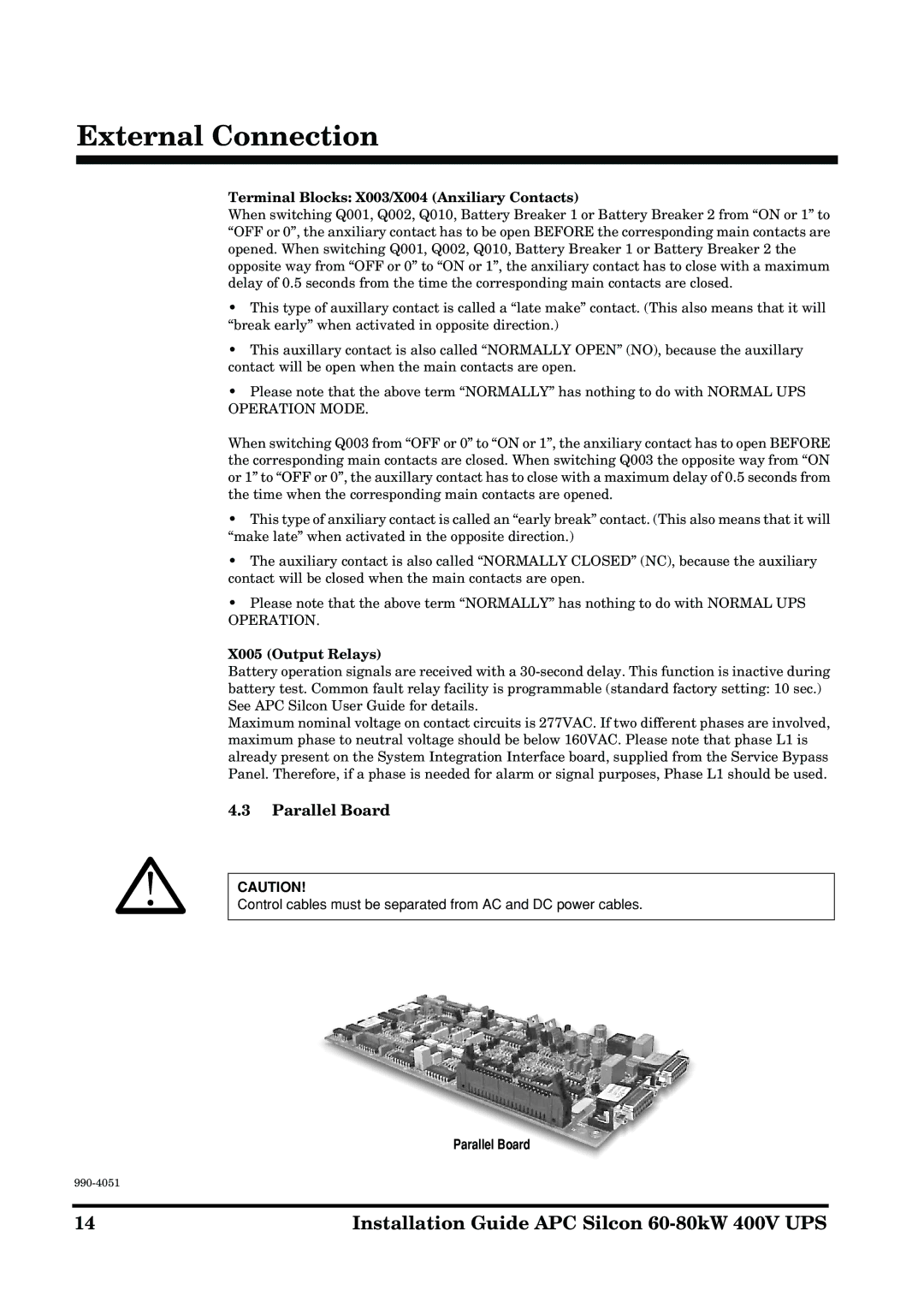 APC 60-80kW manual Parallel Board, Terminal Blocks X003/X004 Anxiliary Contacts, X005 Output Relays 