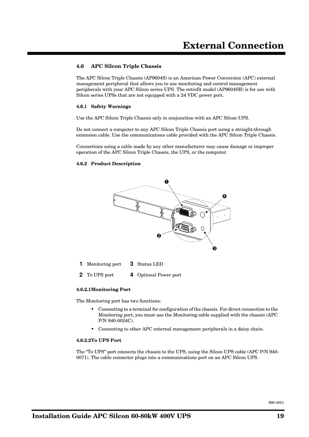 APC 60-80kW manual APC Silcon Triple Chassis, Safety Warnings, Product Description, 2.1Monitoring Port, 2.2To UPS Port 