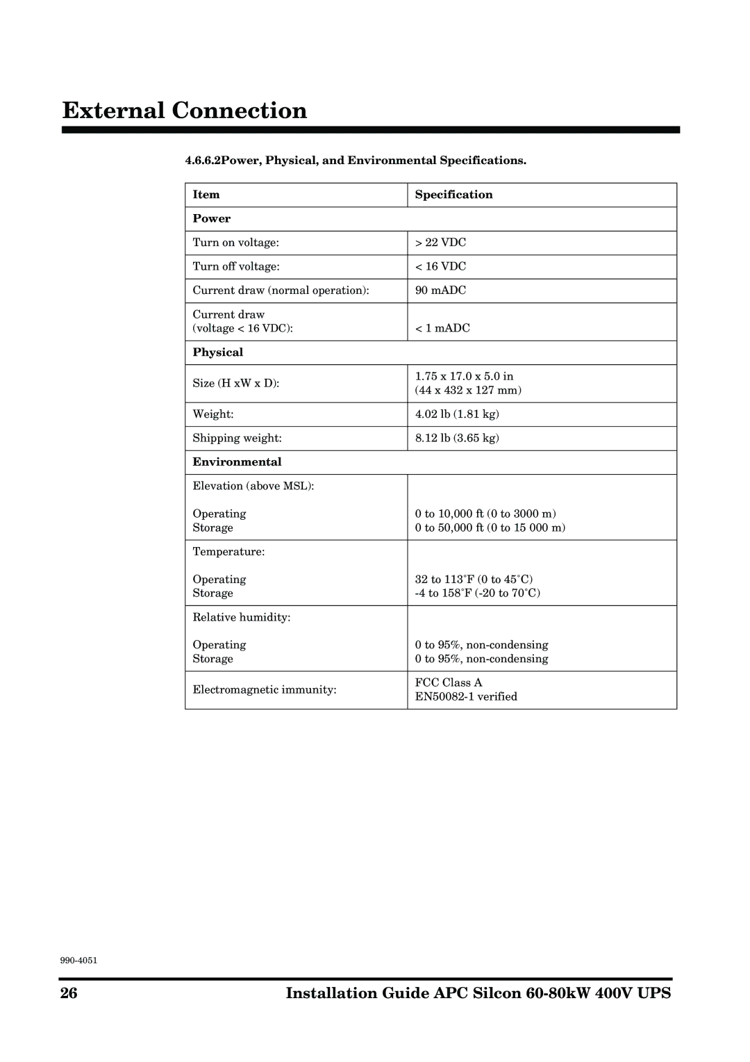 APC 60-80kW manual 6.2Power, Physical, and Environmental Specifications 