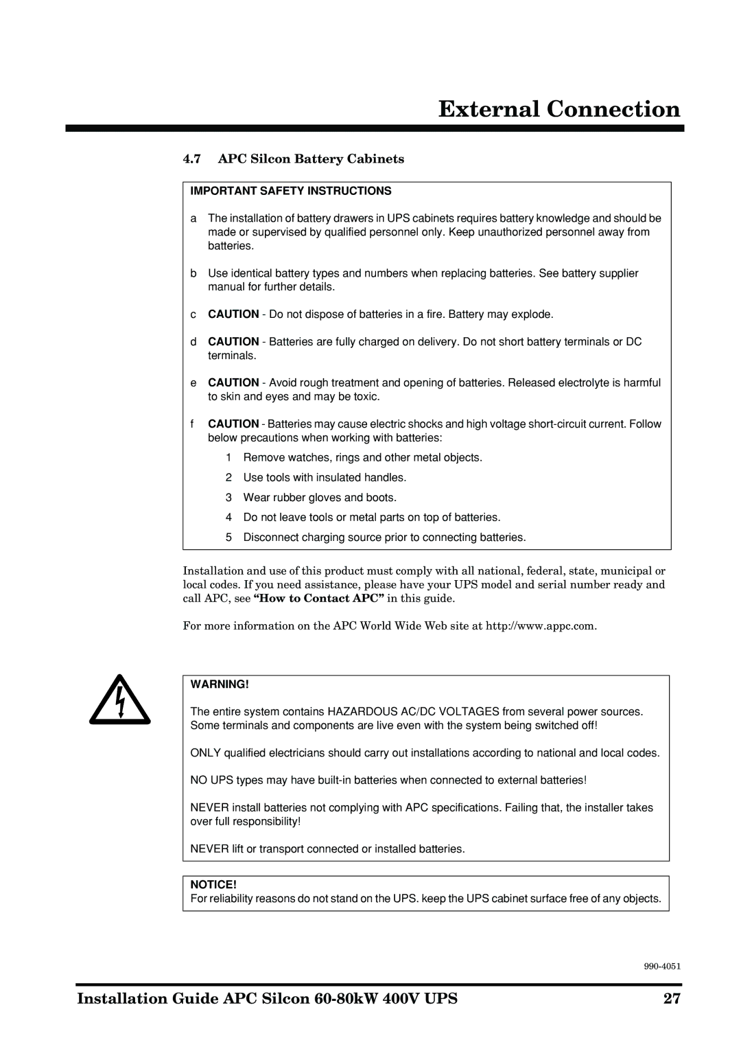 APC 60-80kW manual APC Silcon Battery Cabinets, Important Safety Instructions 