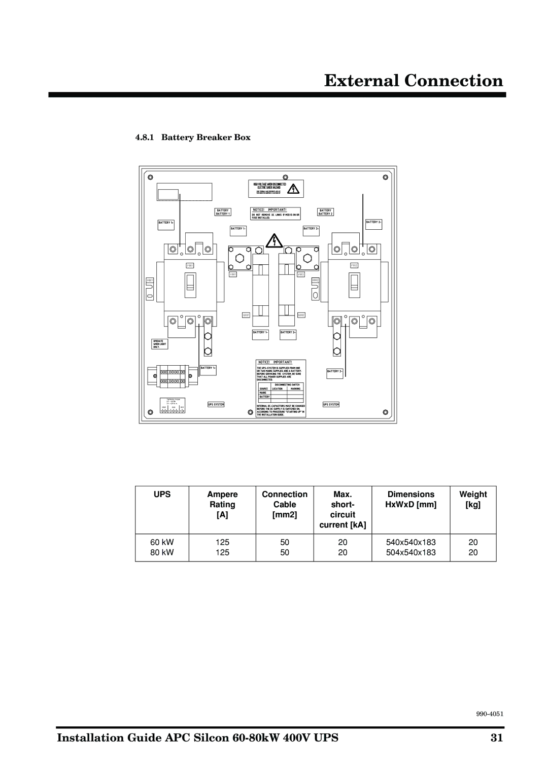 APC 60-80kW Battery Breaker Box, Ampere Connection Max Dimensions Weight Rating Cable Short, Circuit Current kA 60 kW 