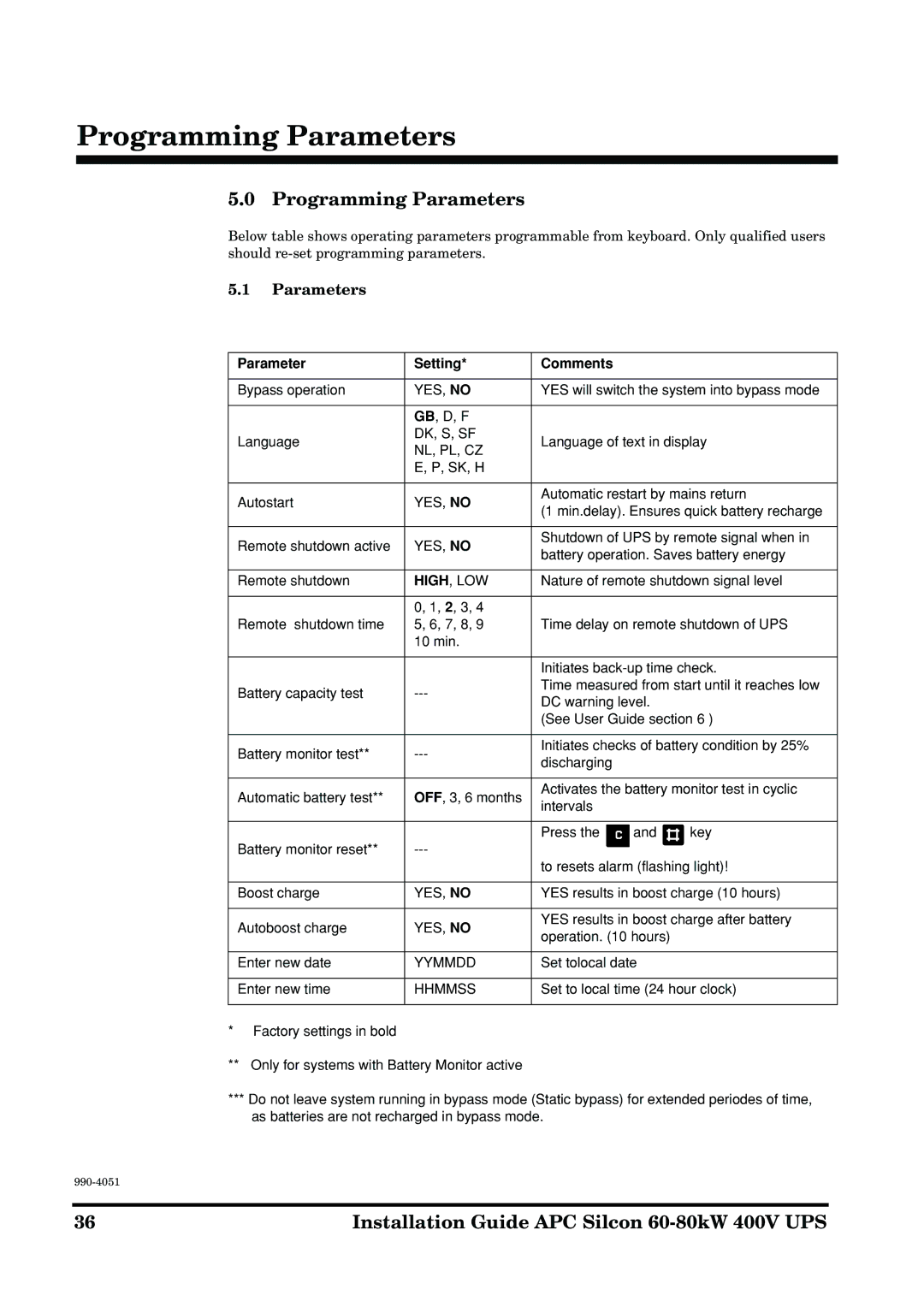 APC 60-80kW manual Programming Parameters, Parameter Setting Comments 