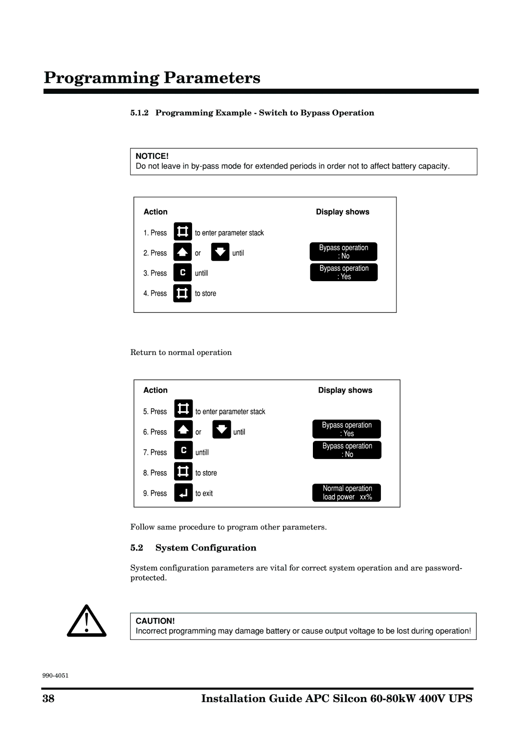 APC 60-80kW manual System Configuration, Programming Example Switch to Bypass Operation 