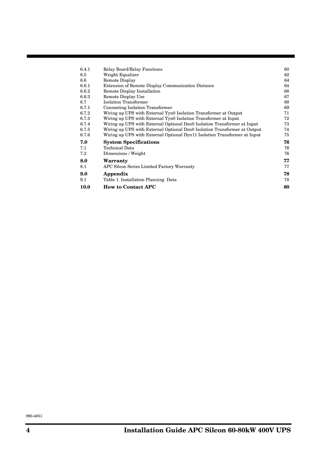 APC 60-80kW manual System Specifications, Warranty, Appendix, How to Contact APC 