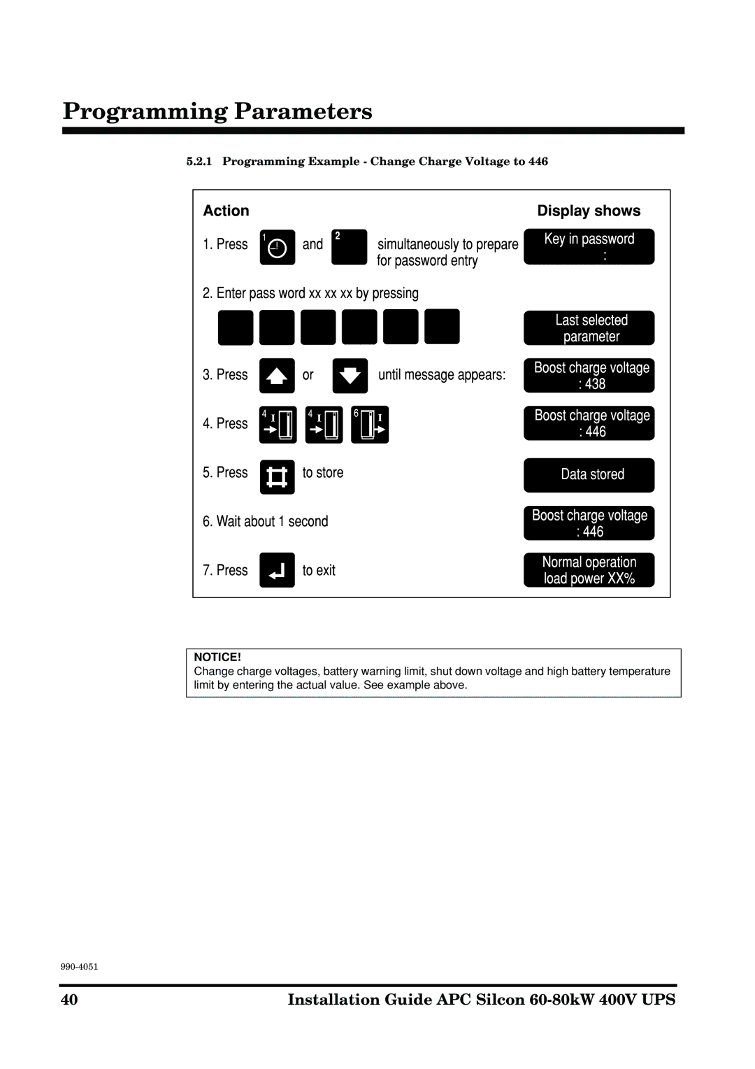 APC 60-80kW manual Programming Example Change Charge Voltage to 