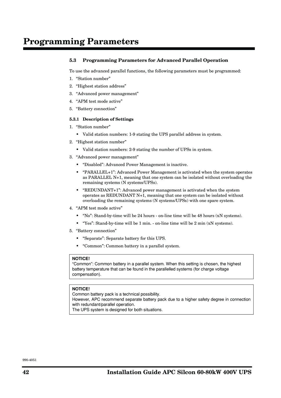 APC 60-80kW manual Programming Parameters for Advanced Parallel Operation, Description of Settings 