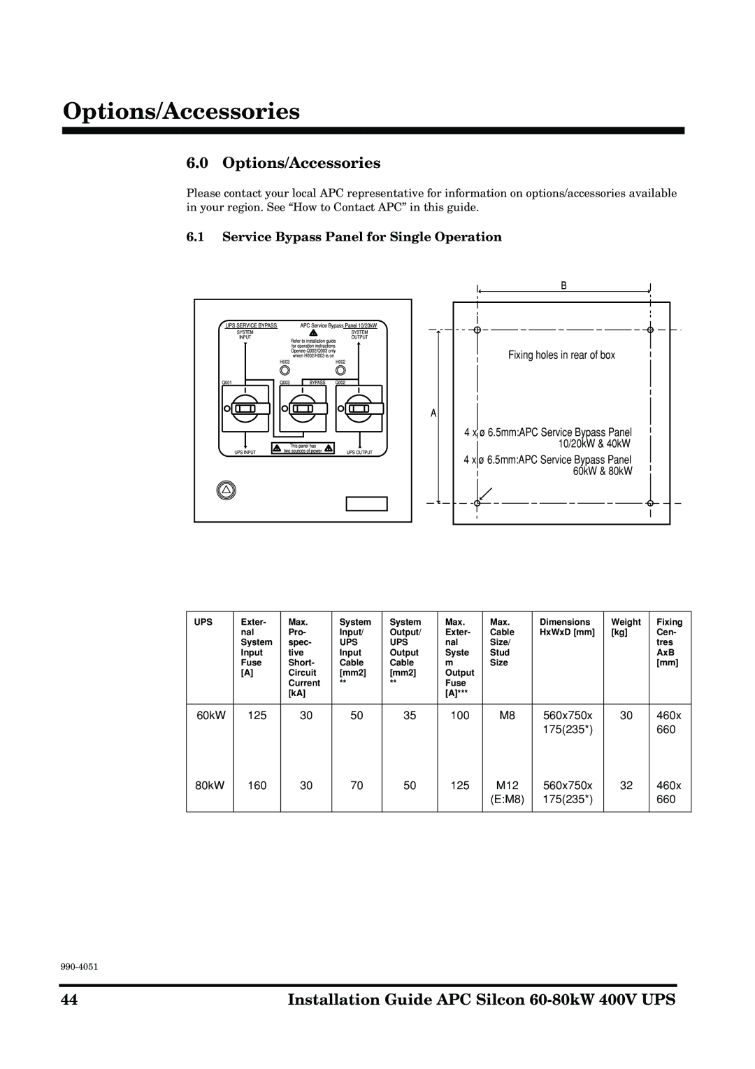 APC 60-80kW manual Options/Accessories, Service Bypass Panel for Single Operation 