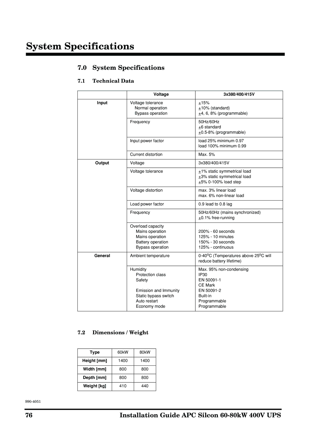 APC 60-80kW manual System Specifications, Technical Data, Dimensions / Weight 