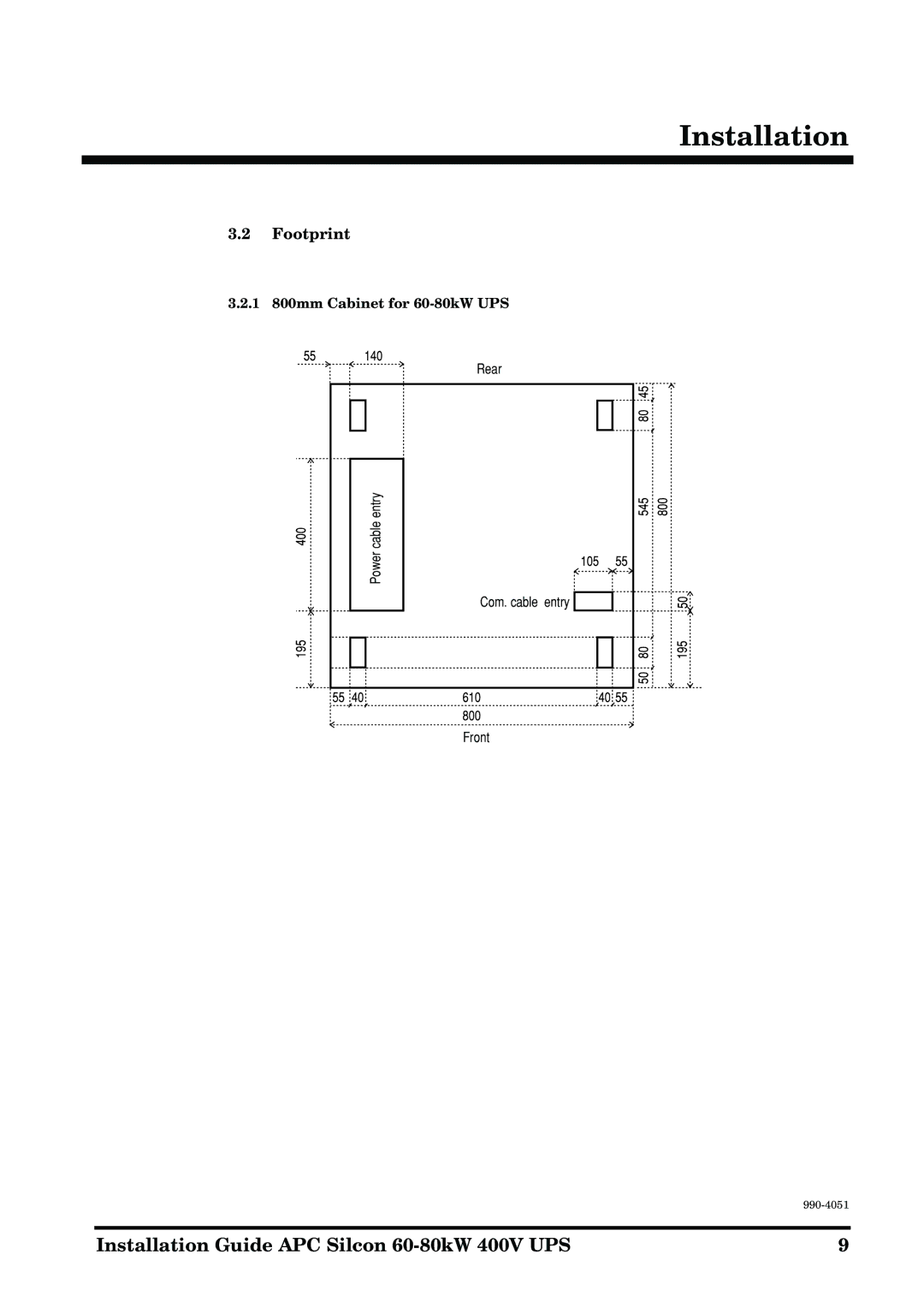 APC manual Footprint, 1 800mm Cabinet for 60-80kW UPS 