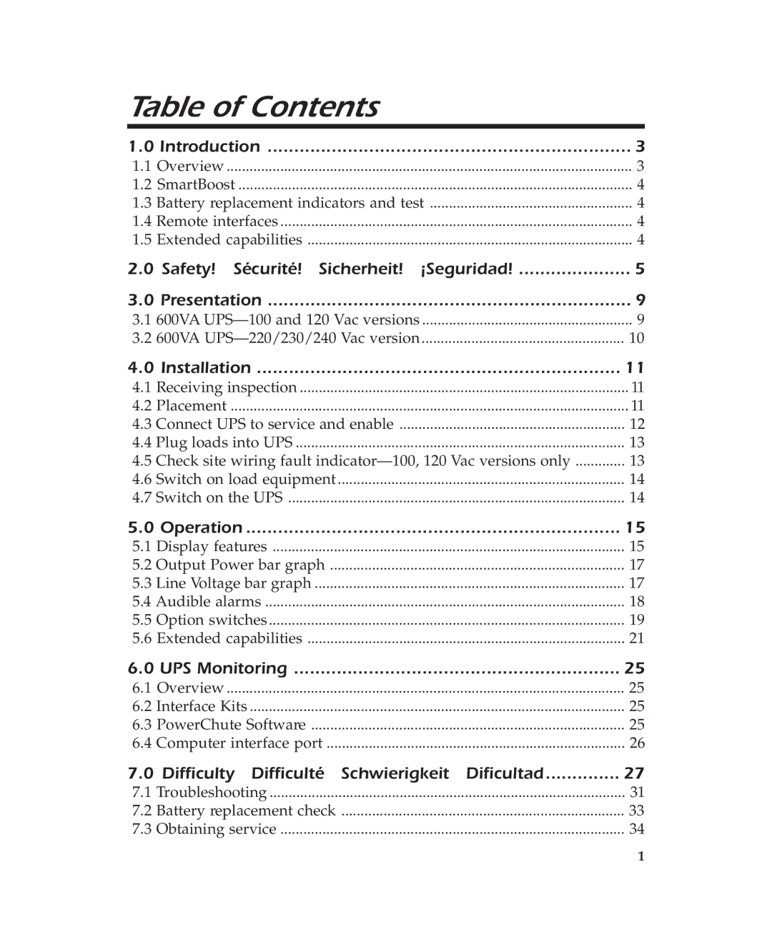 APC 600 user manual Table of Contents 