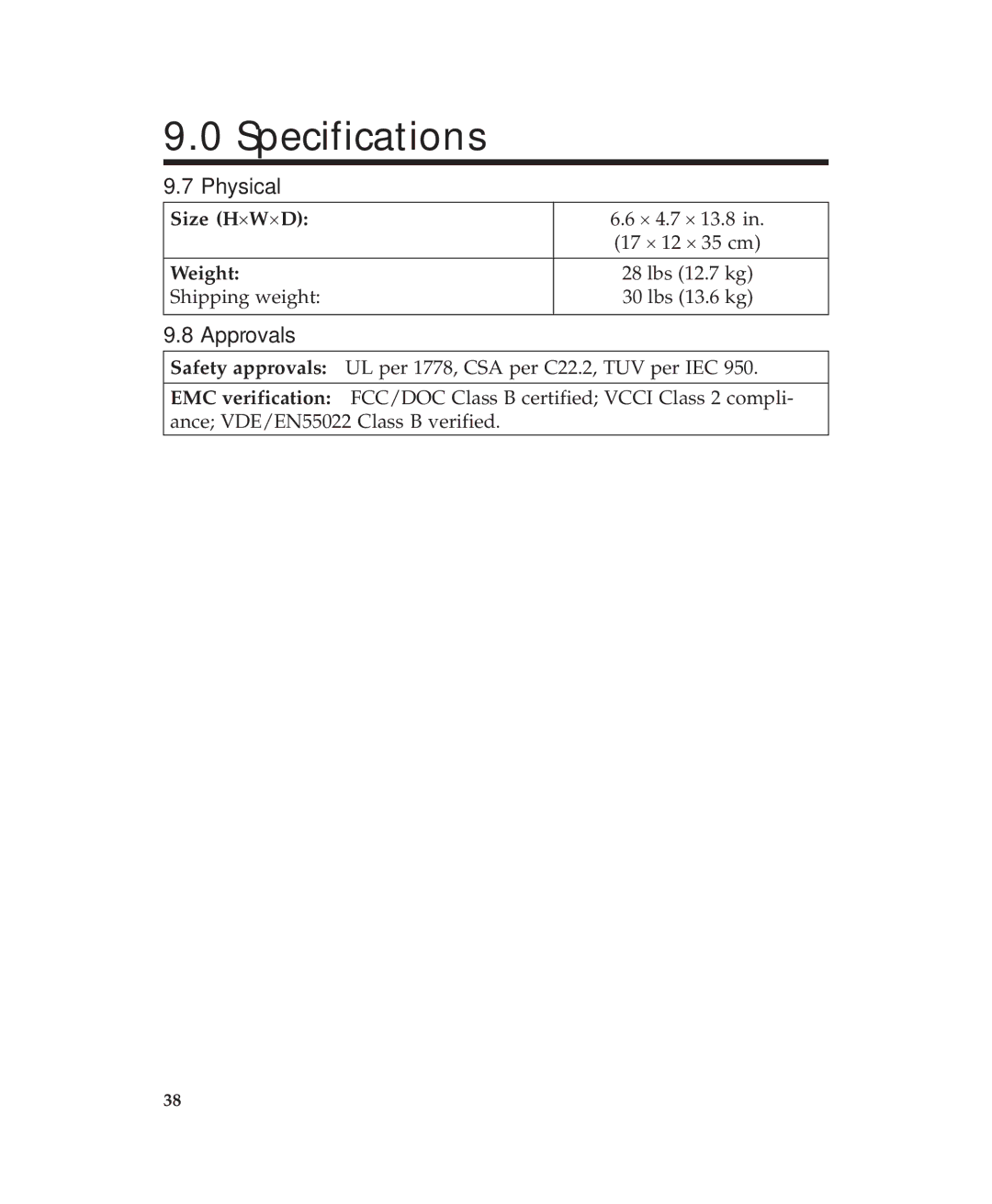 APC 600 user manual Physical, Approvals, Size H´W´D, Weight 