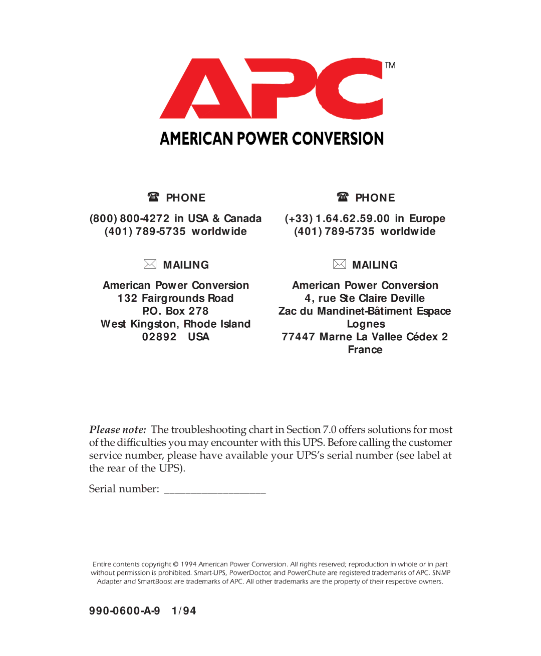 APC 600 user manual ∗ Mailing 