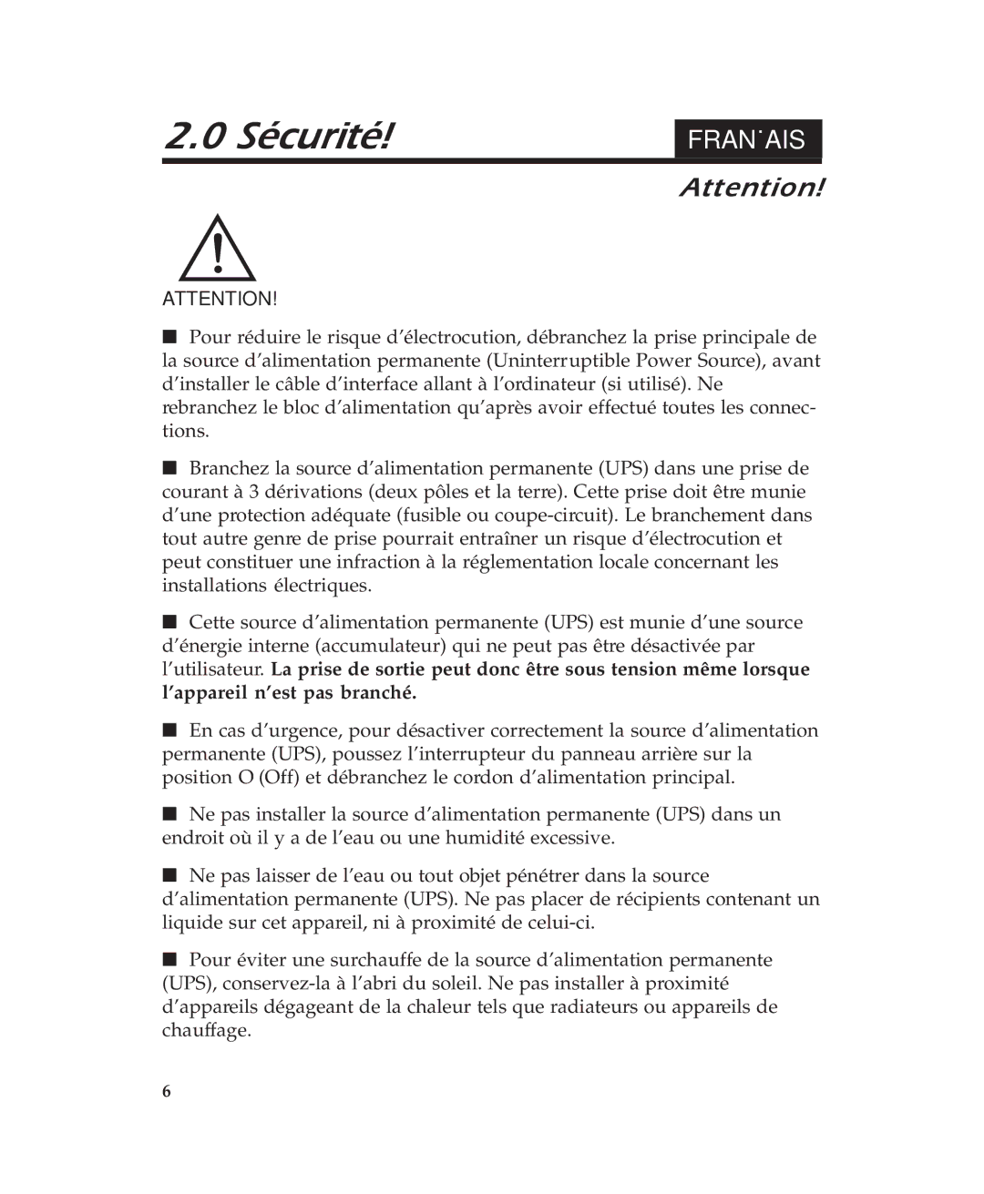 APC 600 user manual Sécurité, Français 