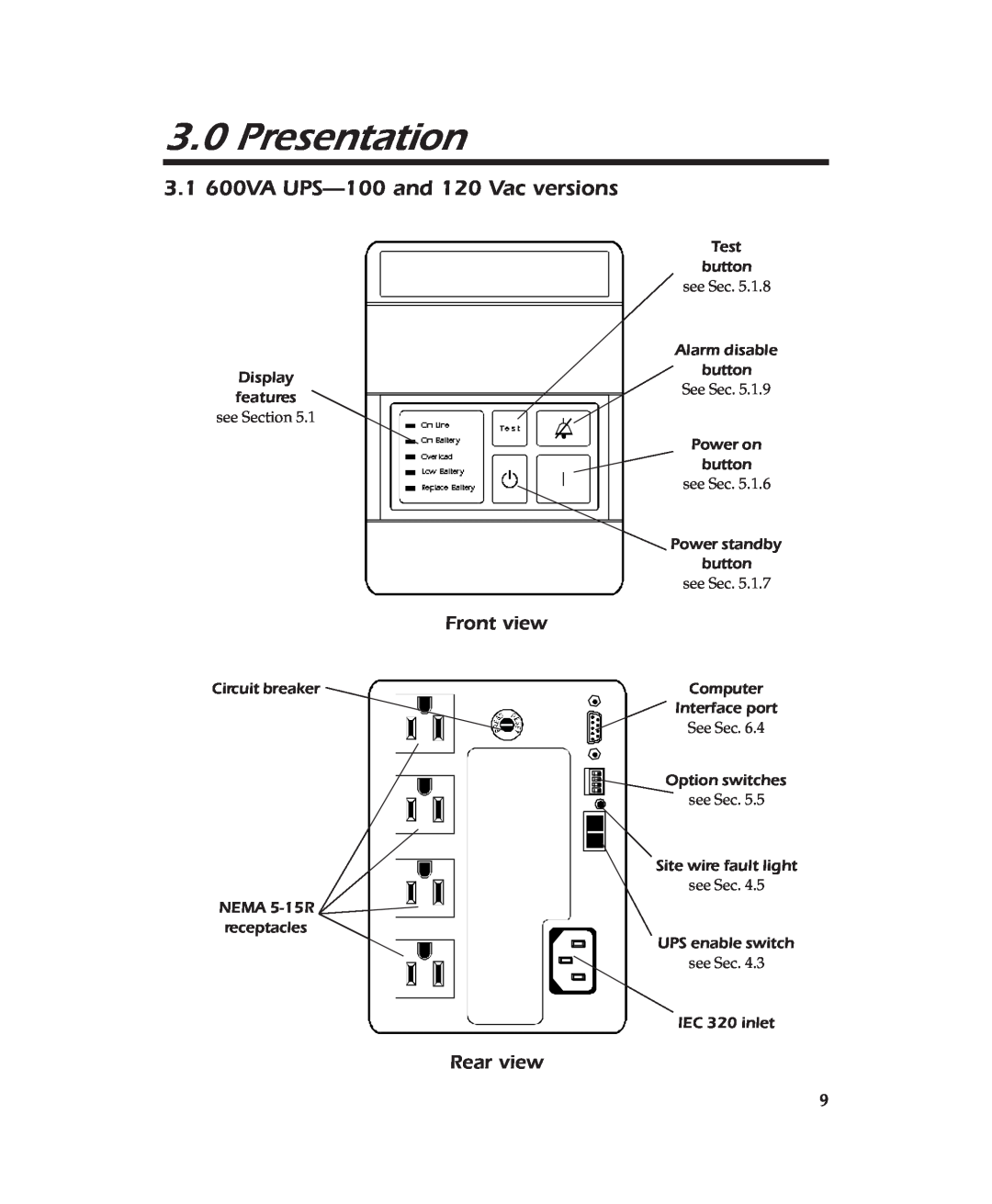 APC user manual Presentation, 3.1 600VA UPS-100and 120 Vac versions 