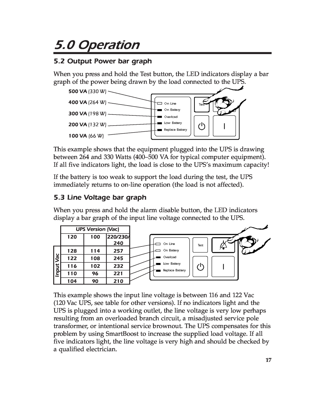 APC 600 user manual Output Power bar graph, Line Voltage bar graph, Operation 