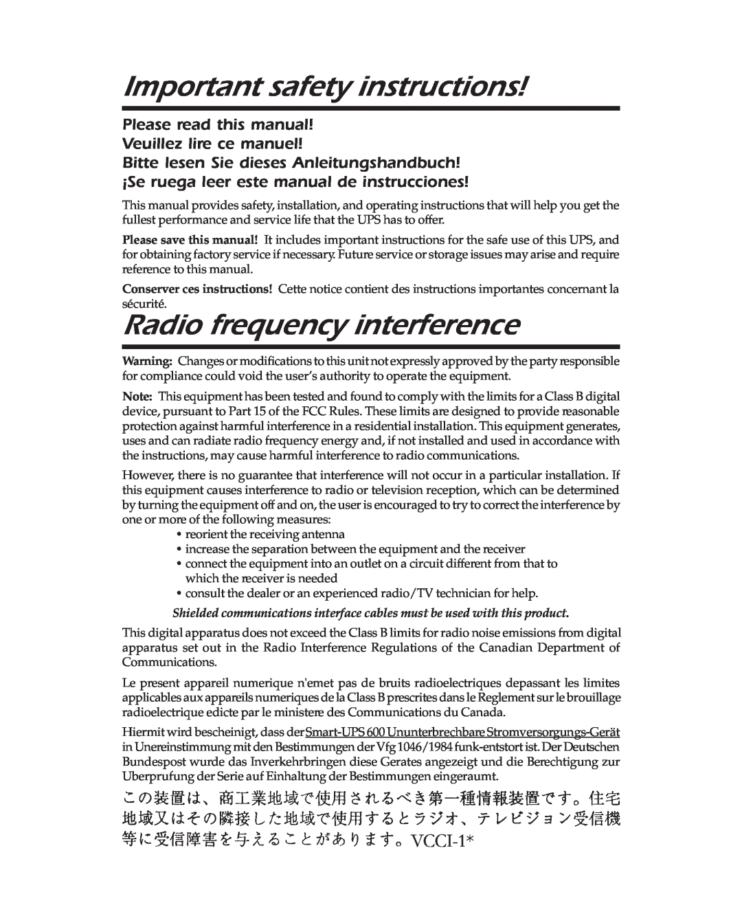 APC 600 user manual Important safety instructions, Radio frequency interference, VCCI-1 