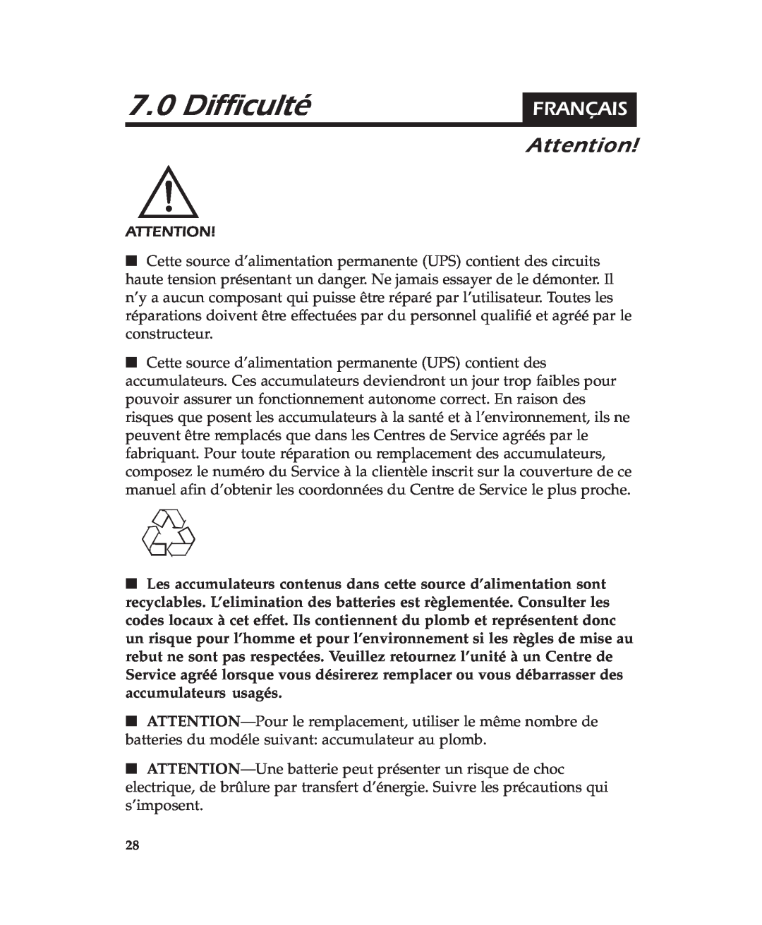 APC 600 user manual Difficulté, Français 