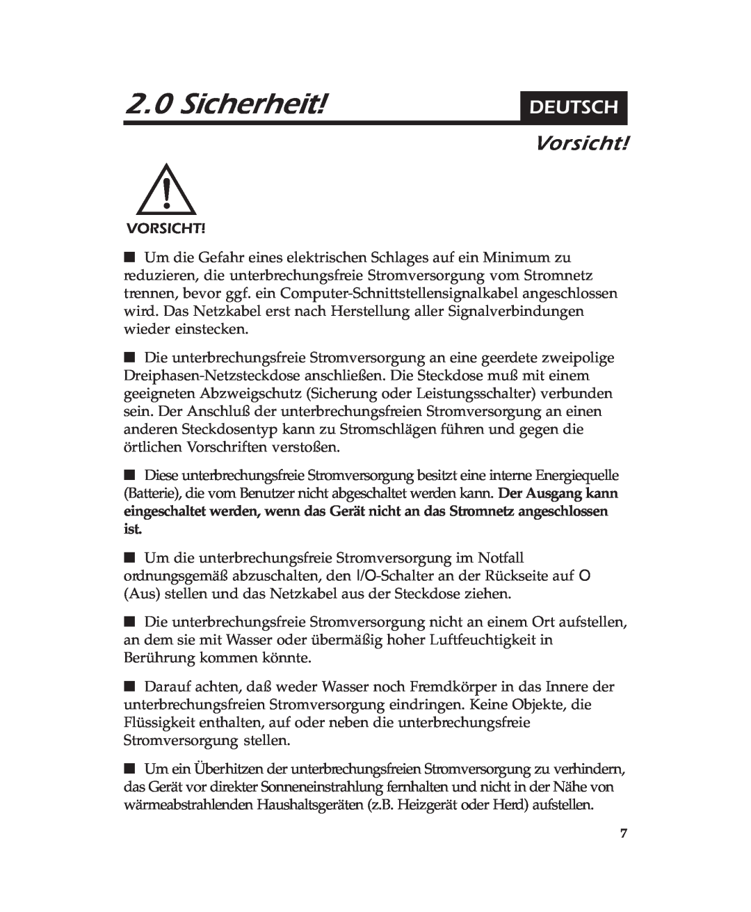 APC 600 user manual Sicherheit, Vorsicht, Deutsch 