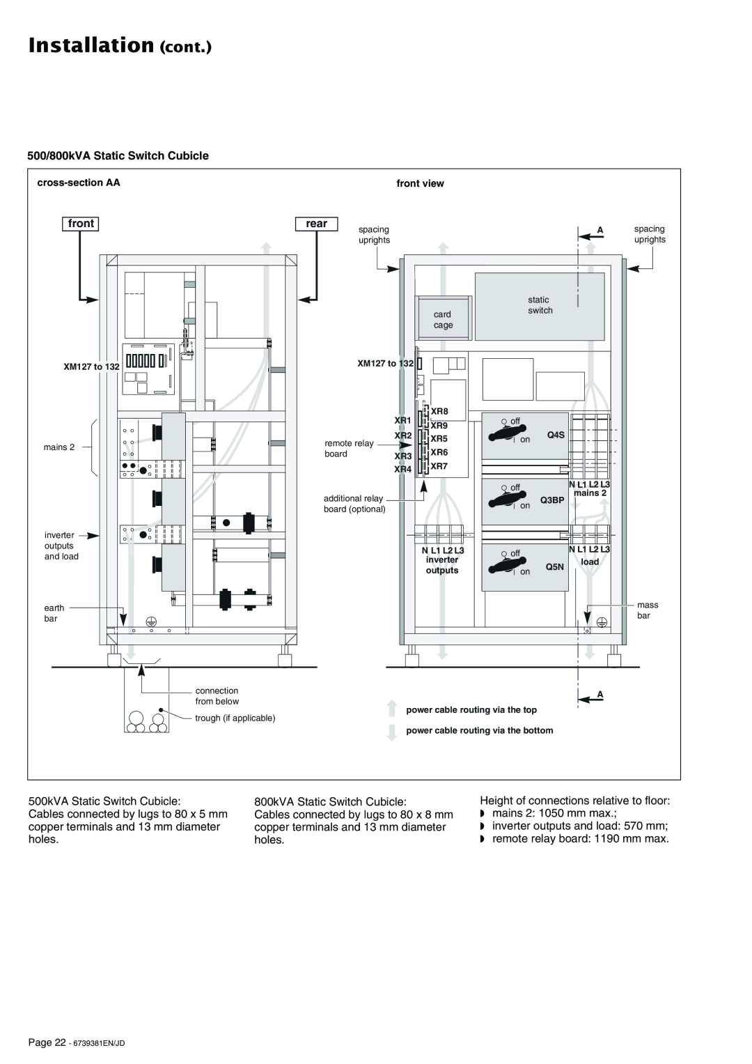 APC 6000 installation manual 500/800kVA Static Switch Cubicle, Front Rear, XR9 XR2 Q4S, XR3 XR4 XR7 