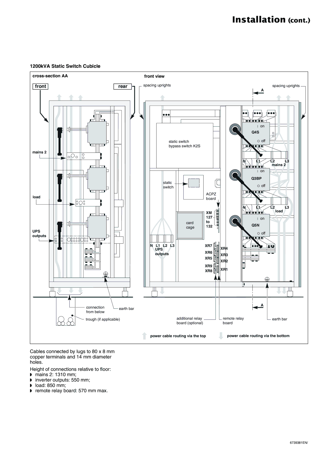 APC 6000 installation manual 1200kVA Static Switch Cubicle, Front view, XR7 XR4 UPS XR6, XR3 XR5 XR2 XR9 XR1 XR8 