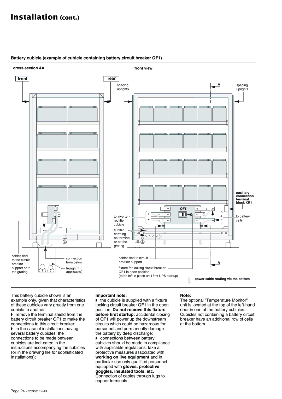 APC 6000 installation manual Important note, Auxiliary, Terminal, Block XR1, QF1 