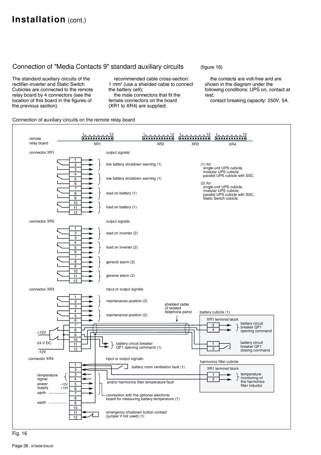 APC 6000 installation manual Connection of auxiliary circuits on the remote relay board, XR1 XR2 XR3 XR4 