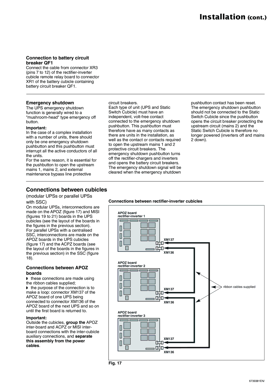 APC 6000 installation manual Connections between cubicles, Connection to battery circuit breaker QF1, Emergency shutdown 