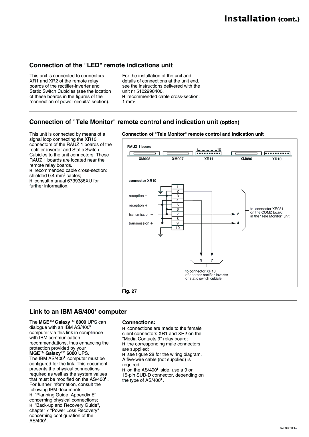 APC 6000 installation manual Connection of the LED remote indications unit, Link to an IBM AS/400→ computer 