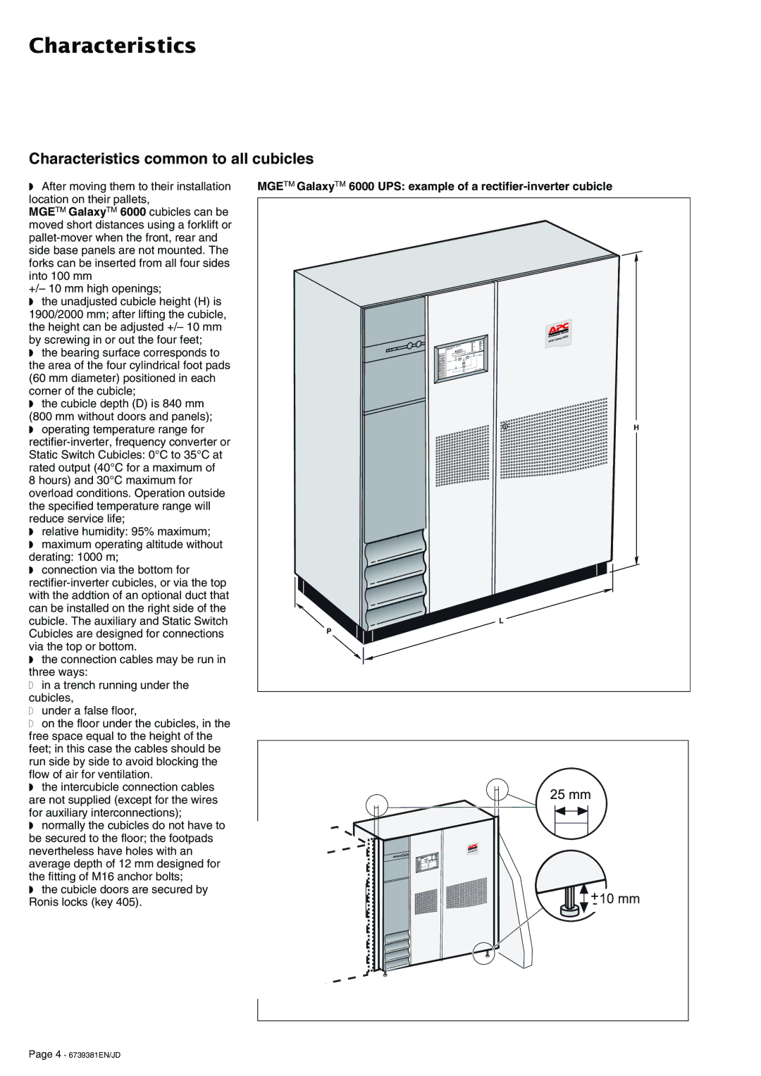 APC 6000 installation manual Characteristics common to all cubicles 