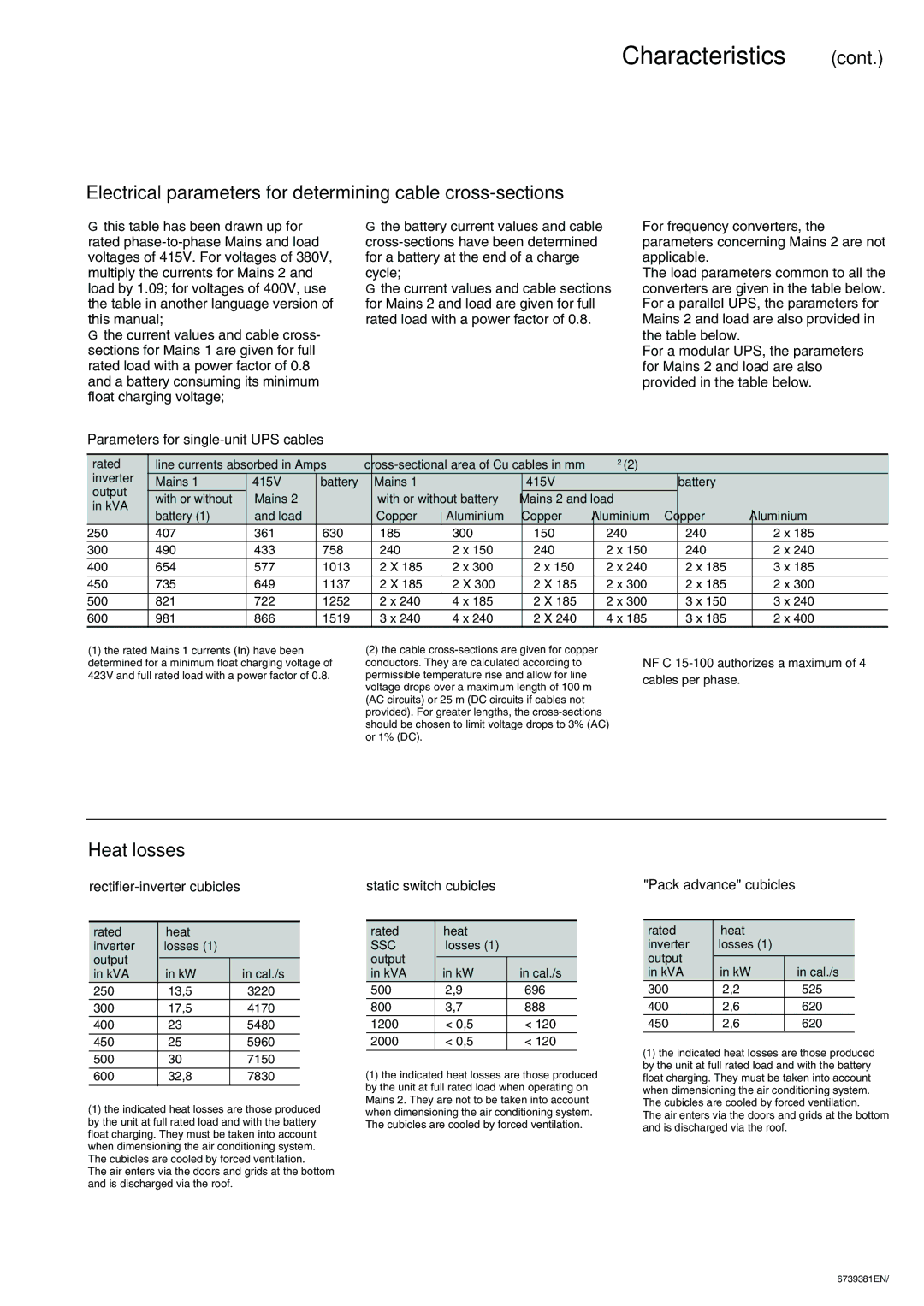 APC 6000 installation manual Electrical parameters for determining cable cross-sections, Heat losses 