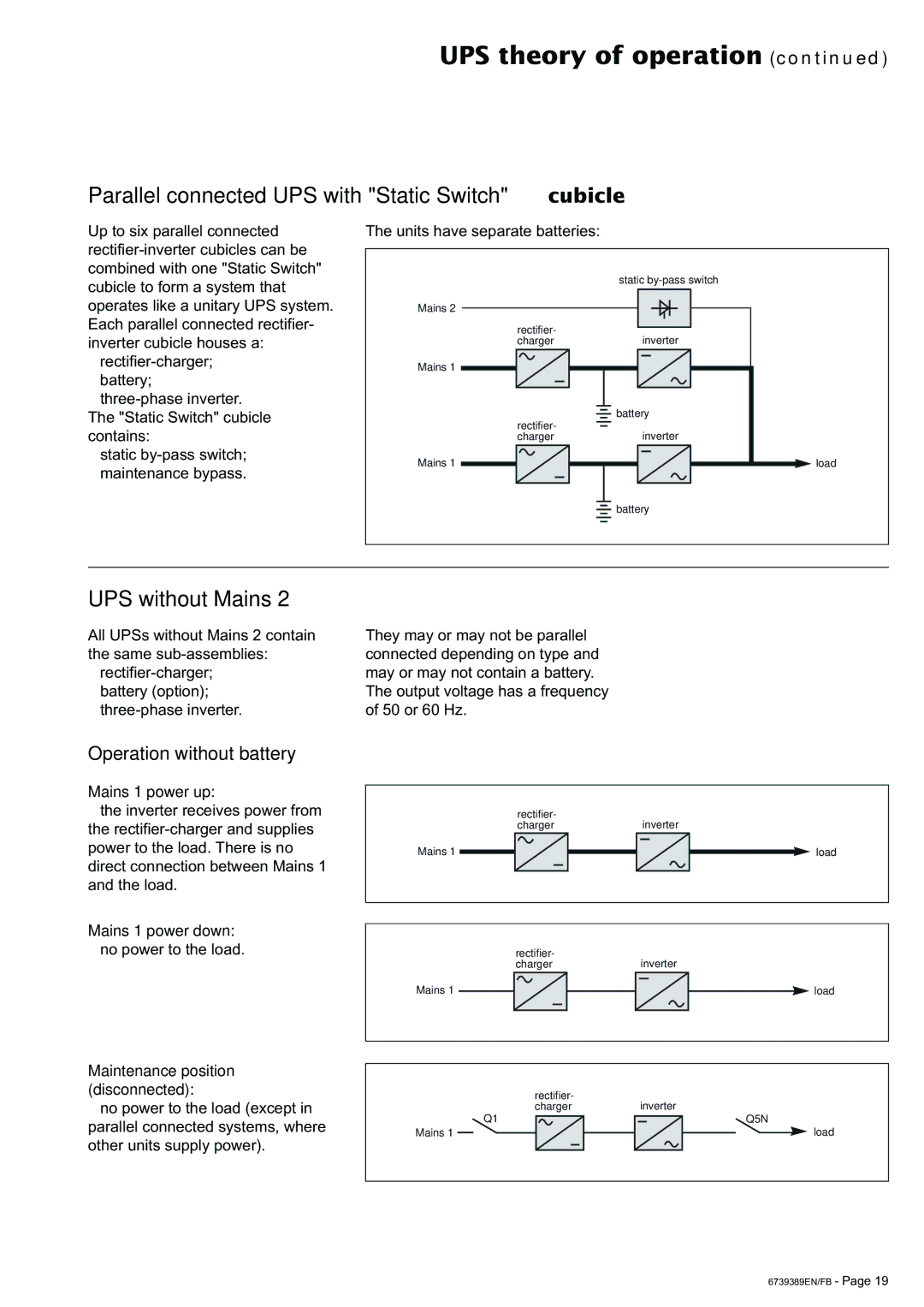 APC 6000 user manual Parallel connected UPS with Static Switch cubicle, UPS without Mains, Operation without battery 