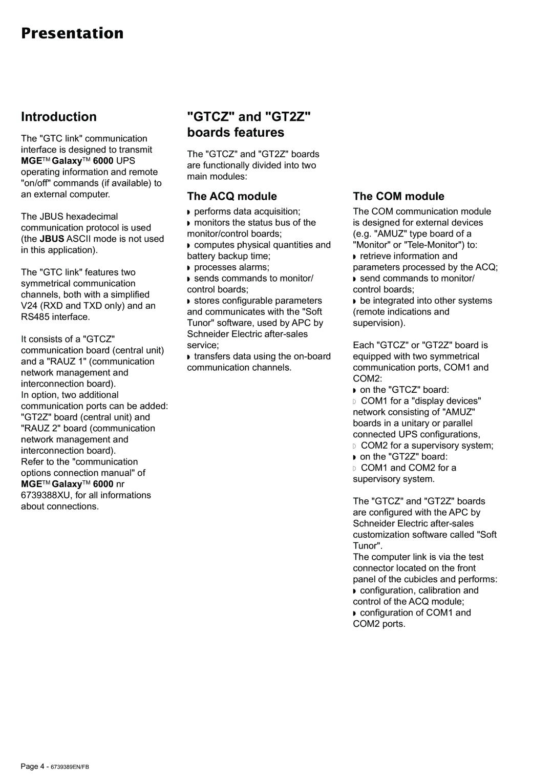 APC 6000 user manual Presentation, Introduction, ACQ module, COM module 