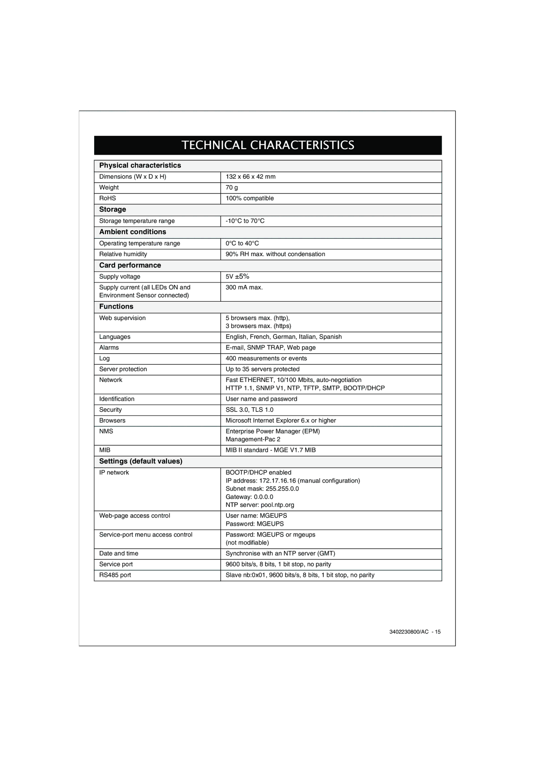 APC 66123 installation manual Technical Characteristics 