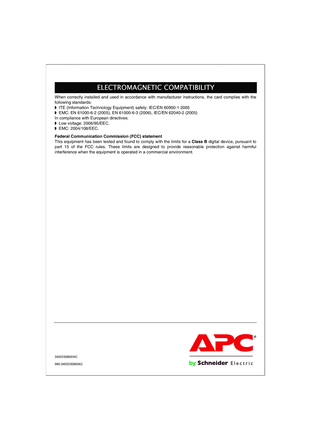 APC 66123 installation manual Electromagnetic Compatibility, Federal Communication Commission FCC statement 