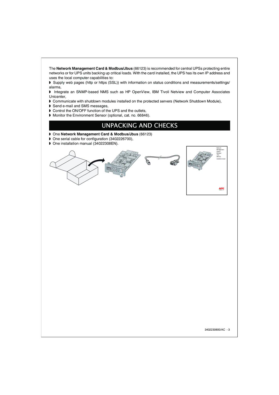 APC 66123 installation manual Unpacking and Checks, One Network Management Card & Modbus/Jbus 