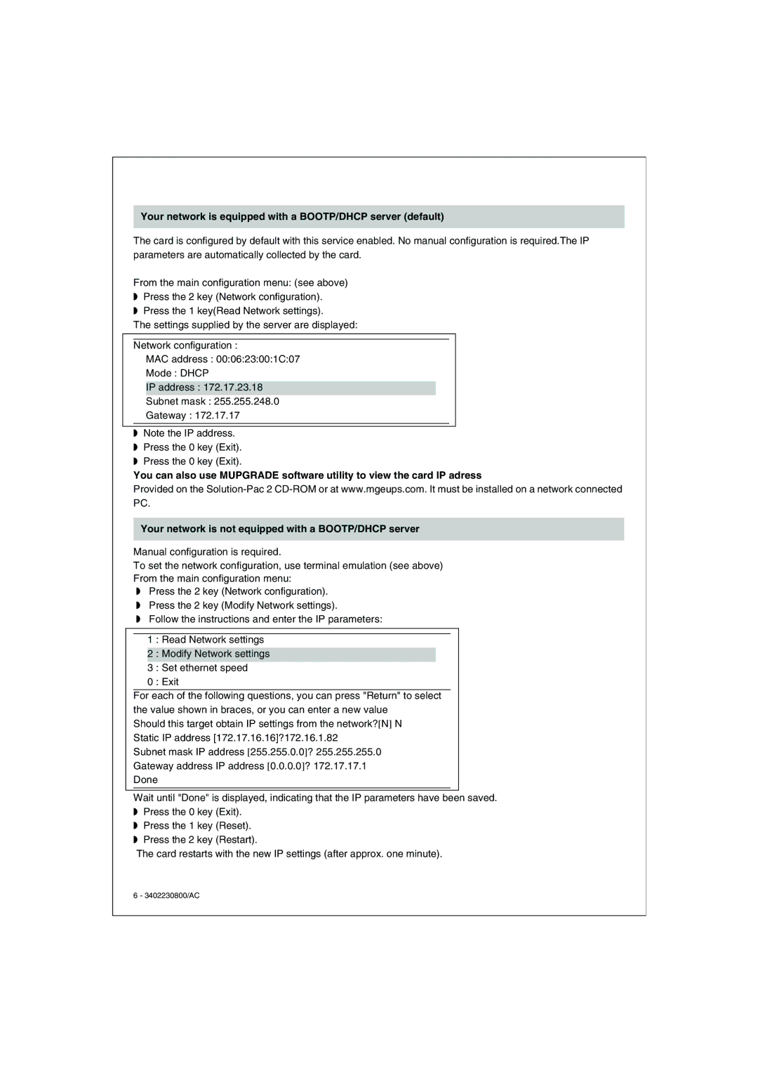 APC 66123 installation manual Your network is equipped with a BOOTP/DHCP server default 