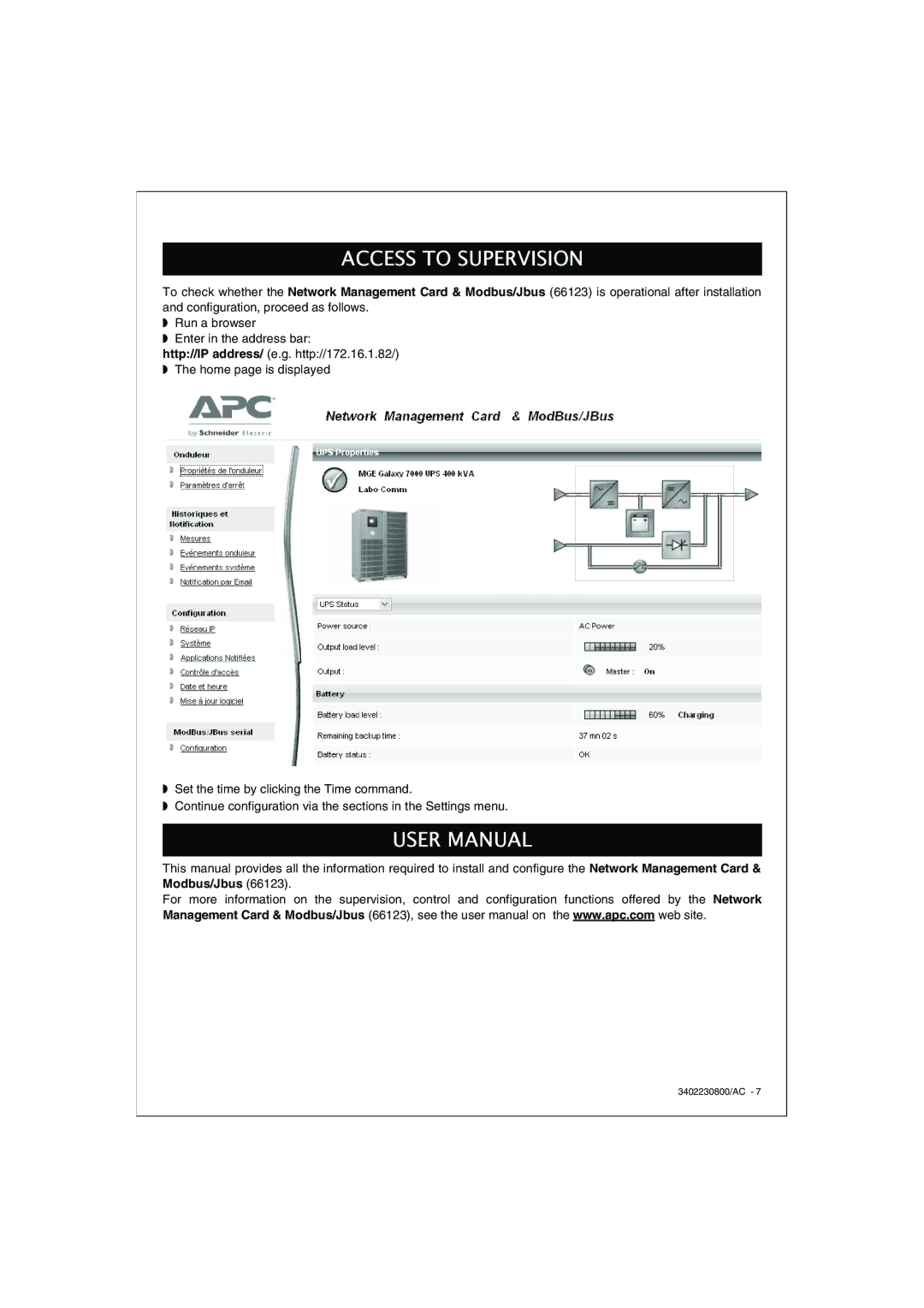 APC 66123 installation manual Access to Supervision 